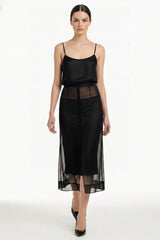 Black Sheer  Organza  Layered Midi Dress