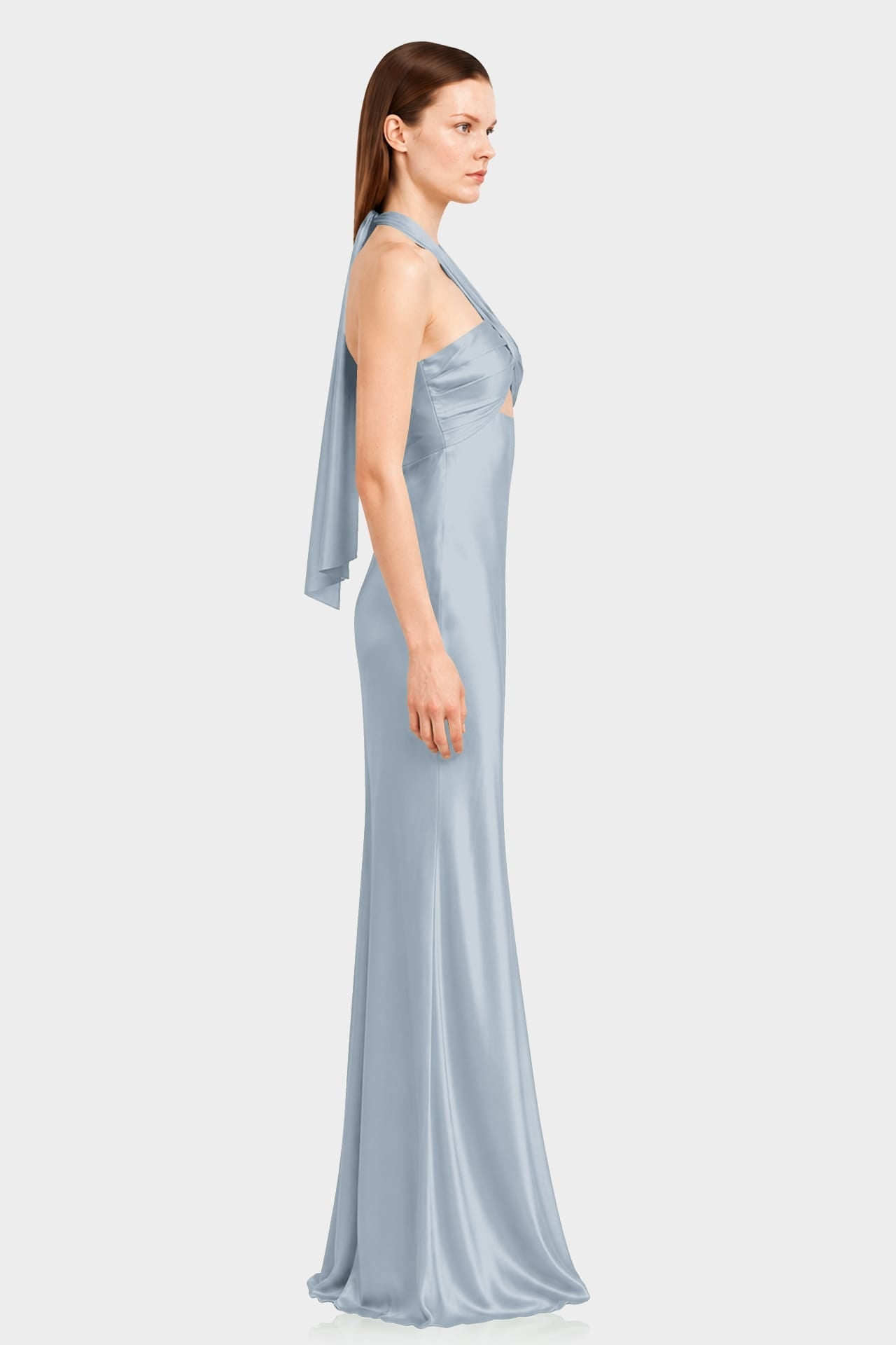Designer Dusty Blue Ruched Halter Neck Satin Evening Gown for Wedding Guests & Bridesmaids