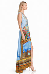 Blue V Neck Maxi Dress