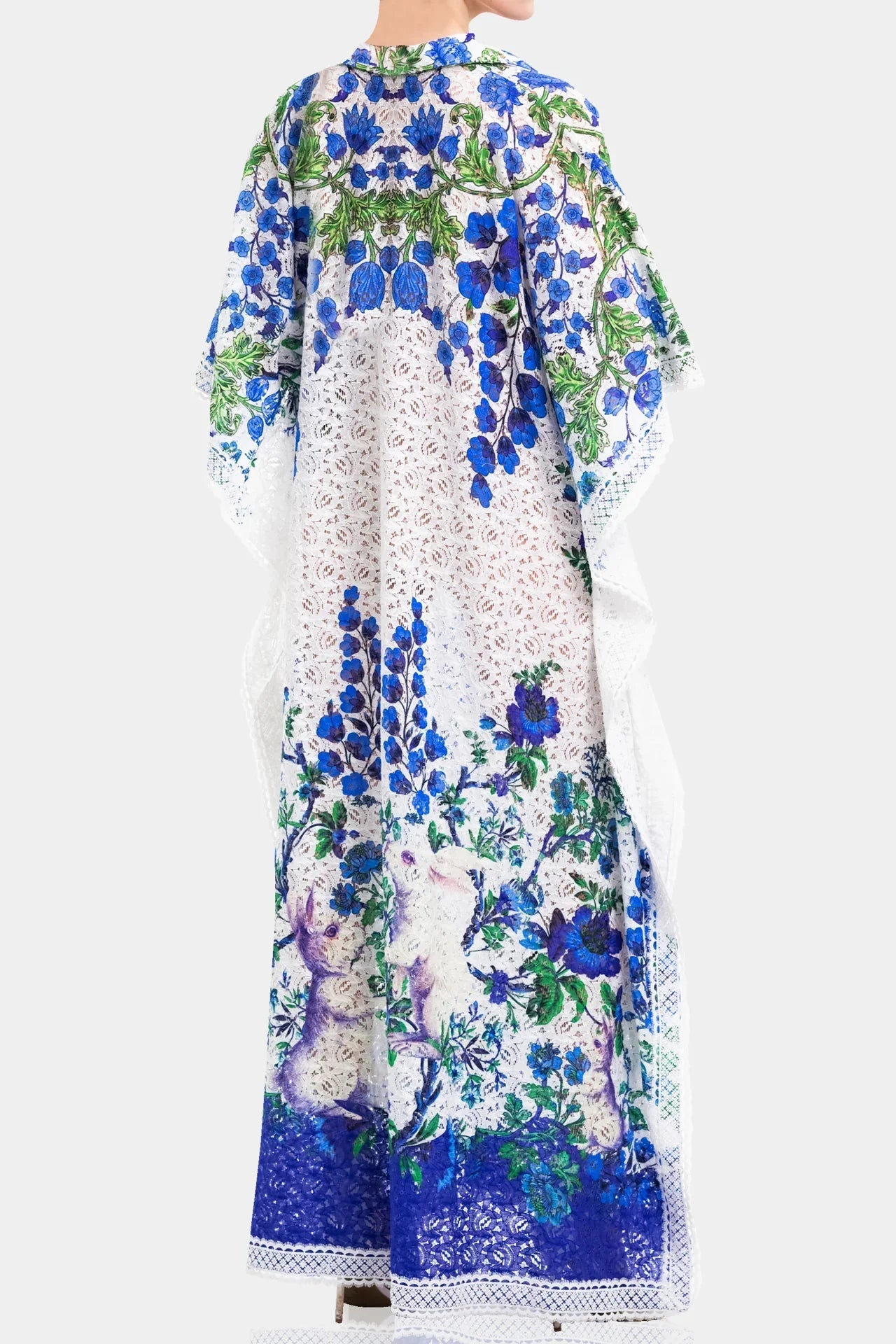 White Lace Kaftan Maxi Dress with Blue floral Print