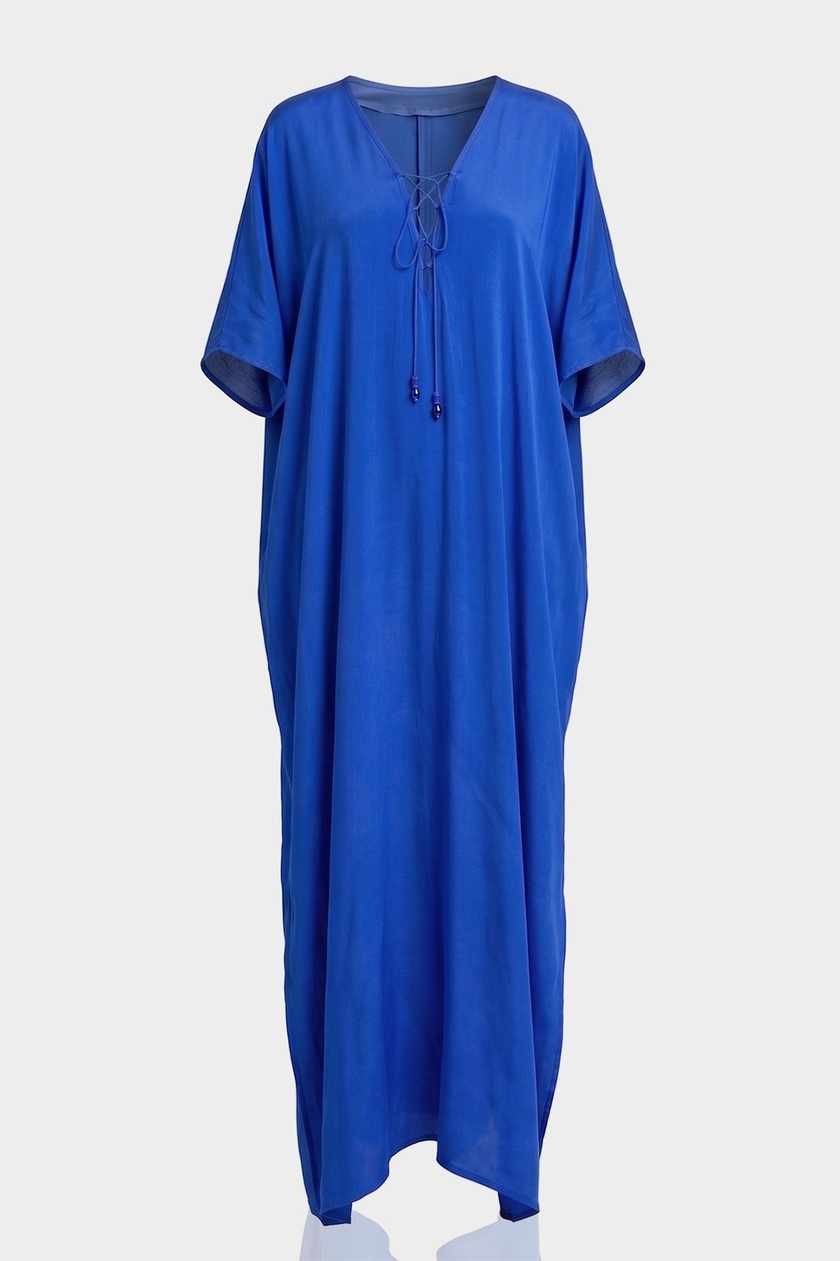 Cobalt Blue Lace-Up V-Neck Kaftan Maxi Dress