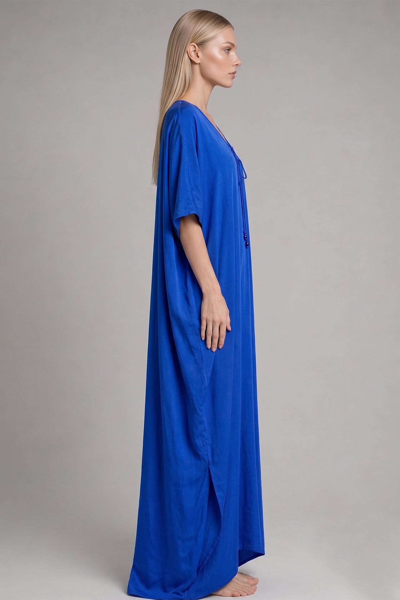 Cobalt Blue Lace-Up V-Neck Kaftan Maxi Dress