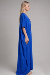 Cobalt Blue Lace-Up V-Neck Kaftan Maxi Dress