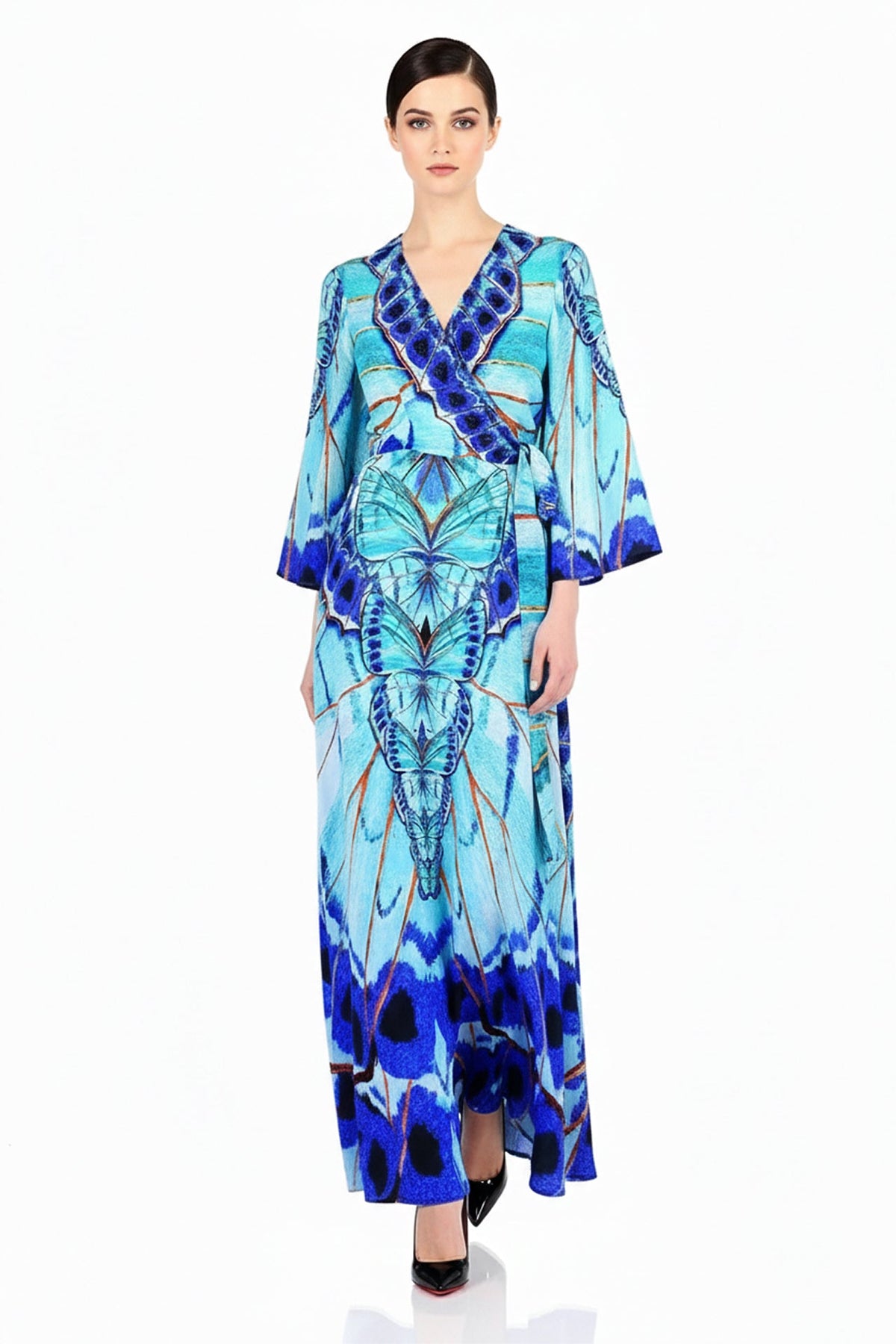 Blue Wrap Maxi Dress with Long Sleeves
