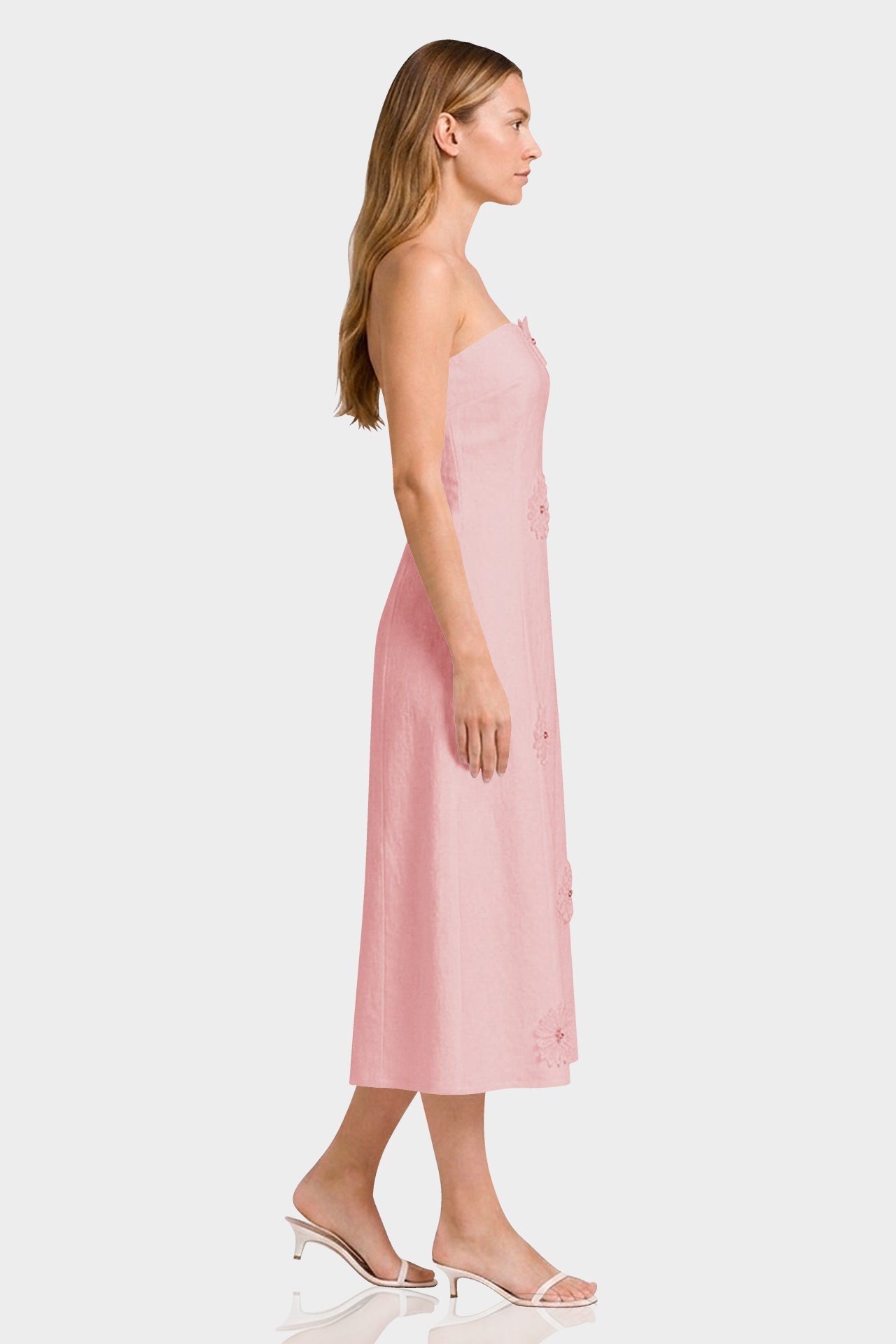 Blush Pink Strapless Cotton Midi Dress with 3D Floral Appliqué