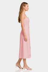 Blush Pink Strapless Cotton Midi Dress with 3D Floral Appliqué
