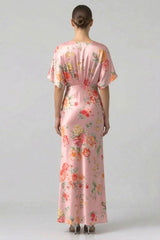 Blush Pink V-Neck Floral Satin Bridesmaid Dress with Flutter Sleeves