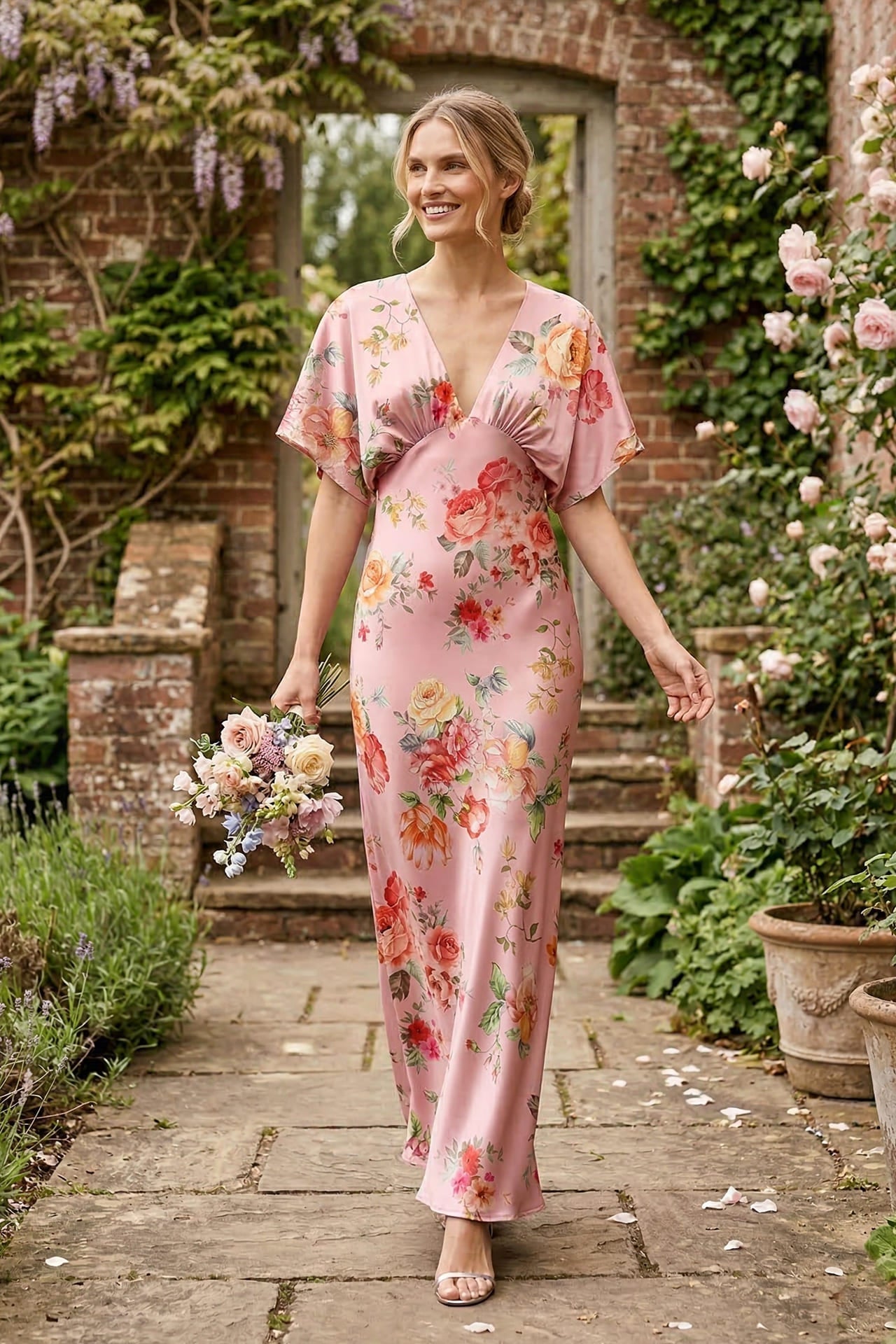 Blush Pink V-Neck Floral Satin Bridesmaid Dress with Flutter Sleeves