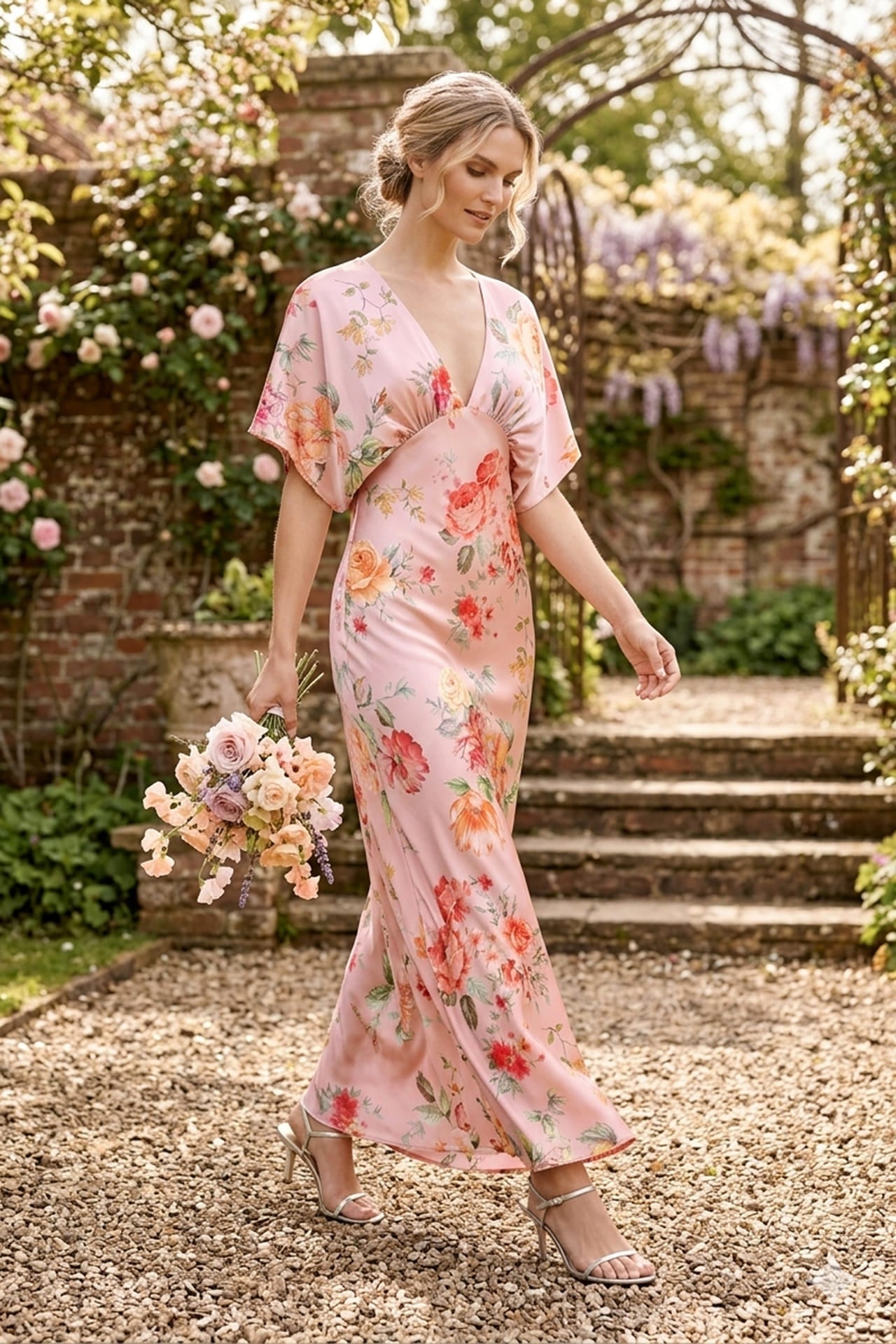 Blush Pink V-Neck Floral Satin Bridesmaid Dress with Flutter Sleeves