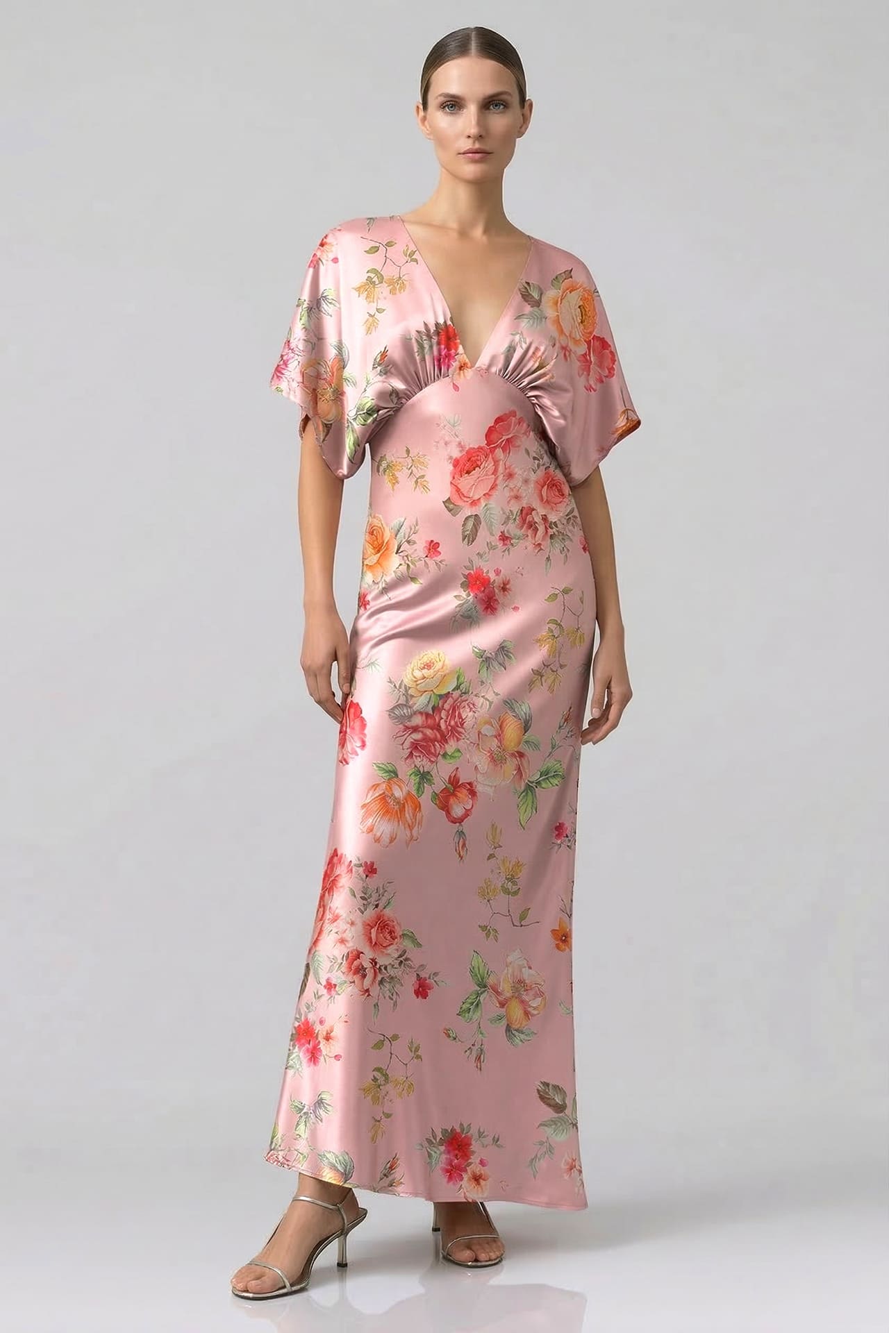 Blush Pink V-Neck Floral Satin Bridesmaid Dress with Flutter Sleeves