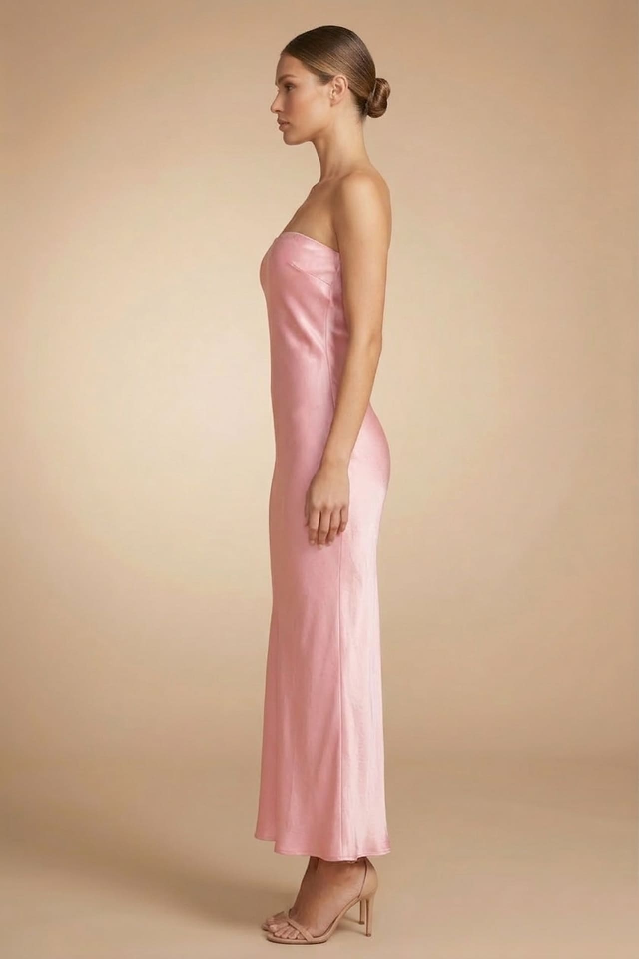 Blush Pink Satin Strapless Dress for Wedding Guest