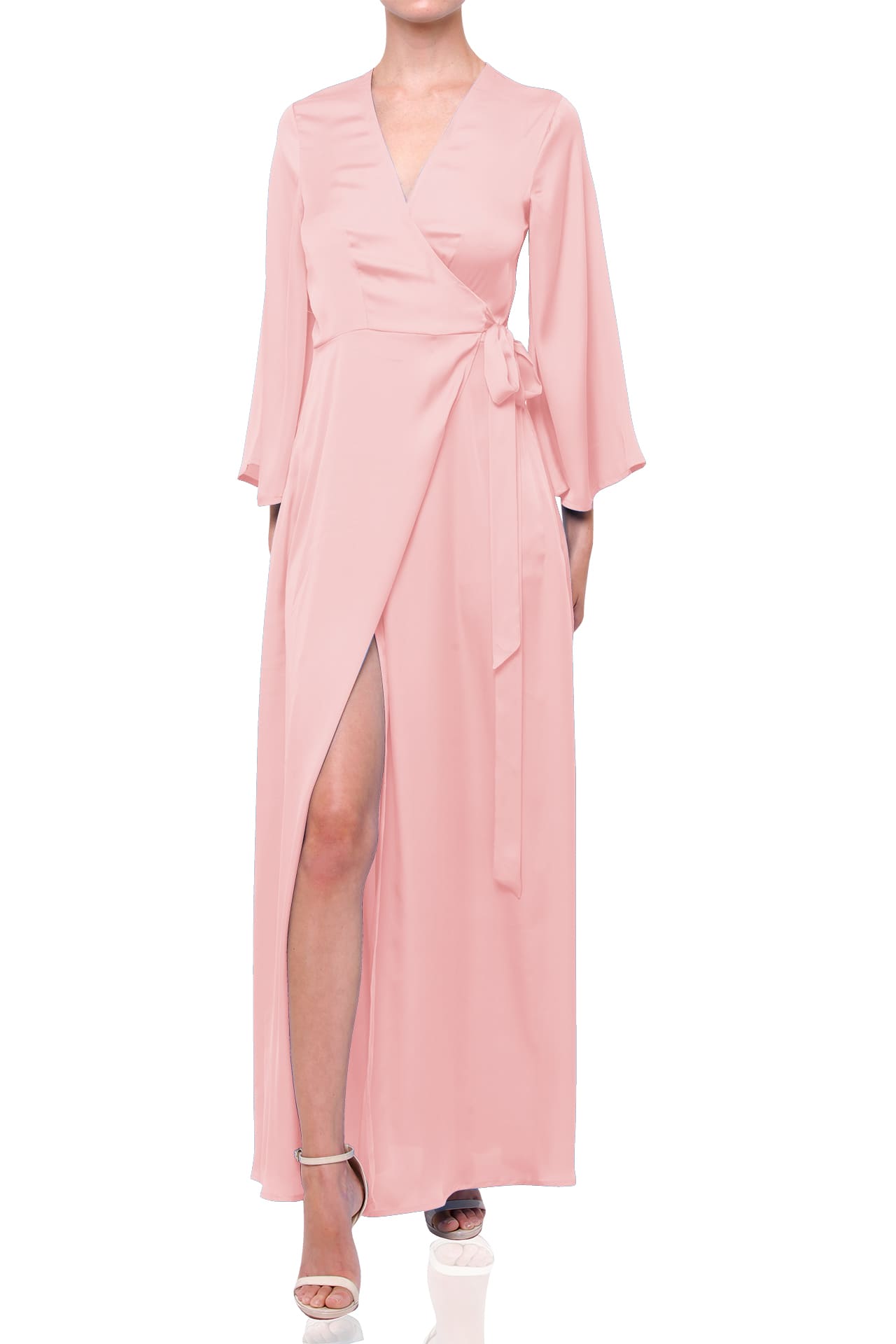 Blush Pink Satin Wrap Bridesmaid Maxi Dress with Slit – Long Sleeve