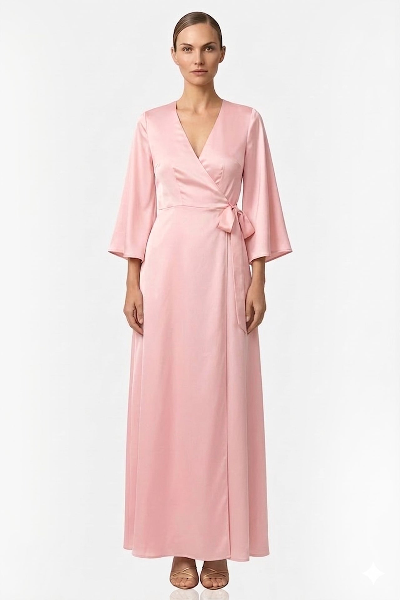 Blush Pink Satin Wrap Bridesmaid Maxi Dress with Slit – Long Sleeve