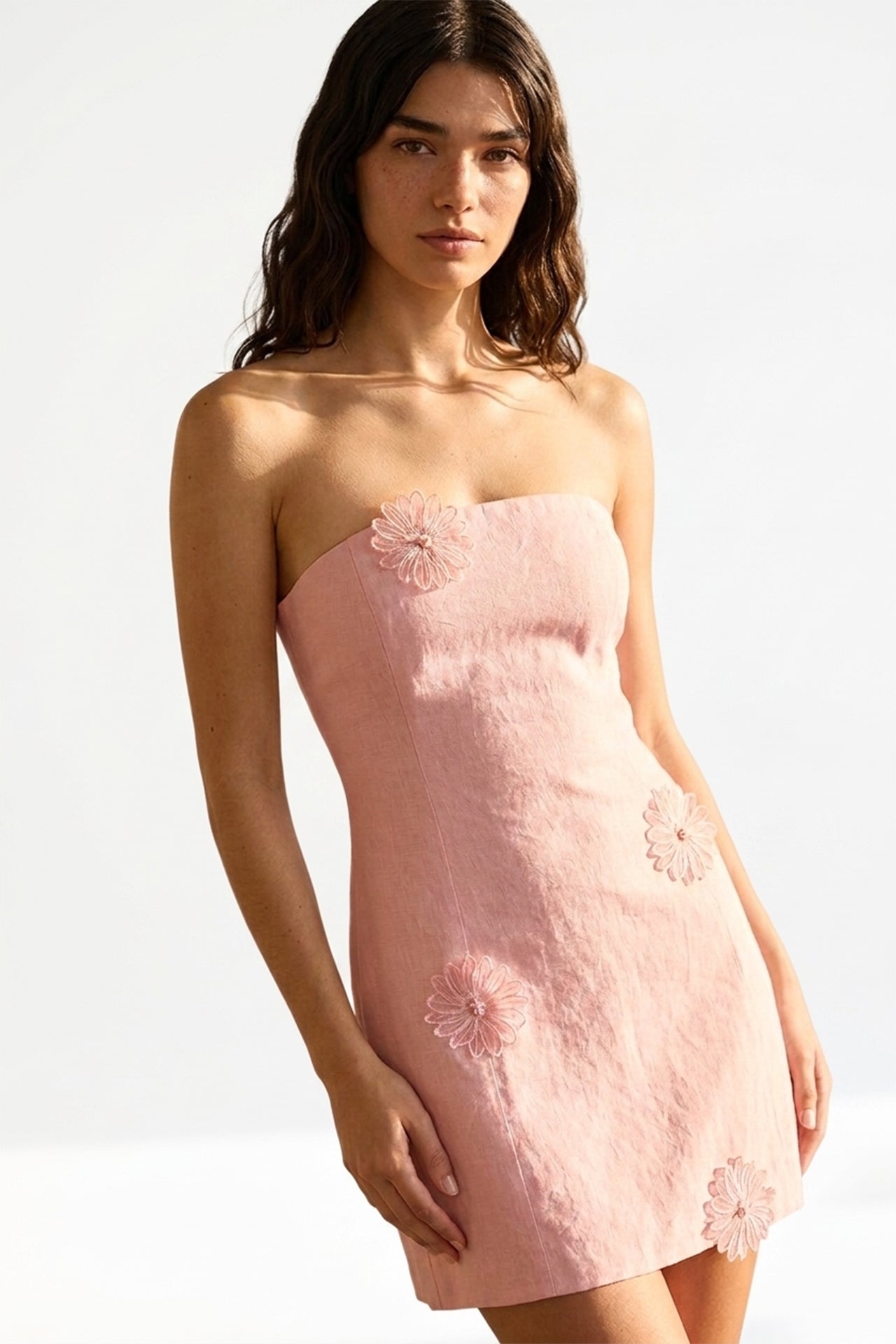 Blush Pink Strapless Cotton Mini Dress with Handcrafted Floral Appliqué