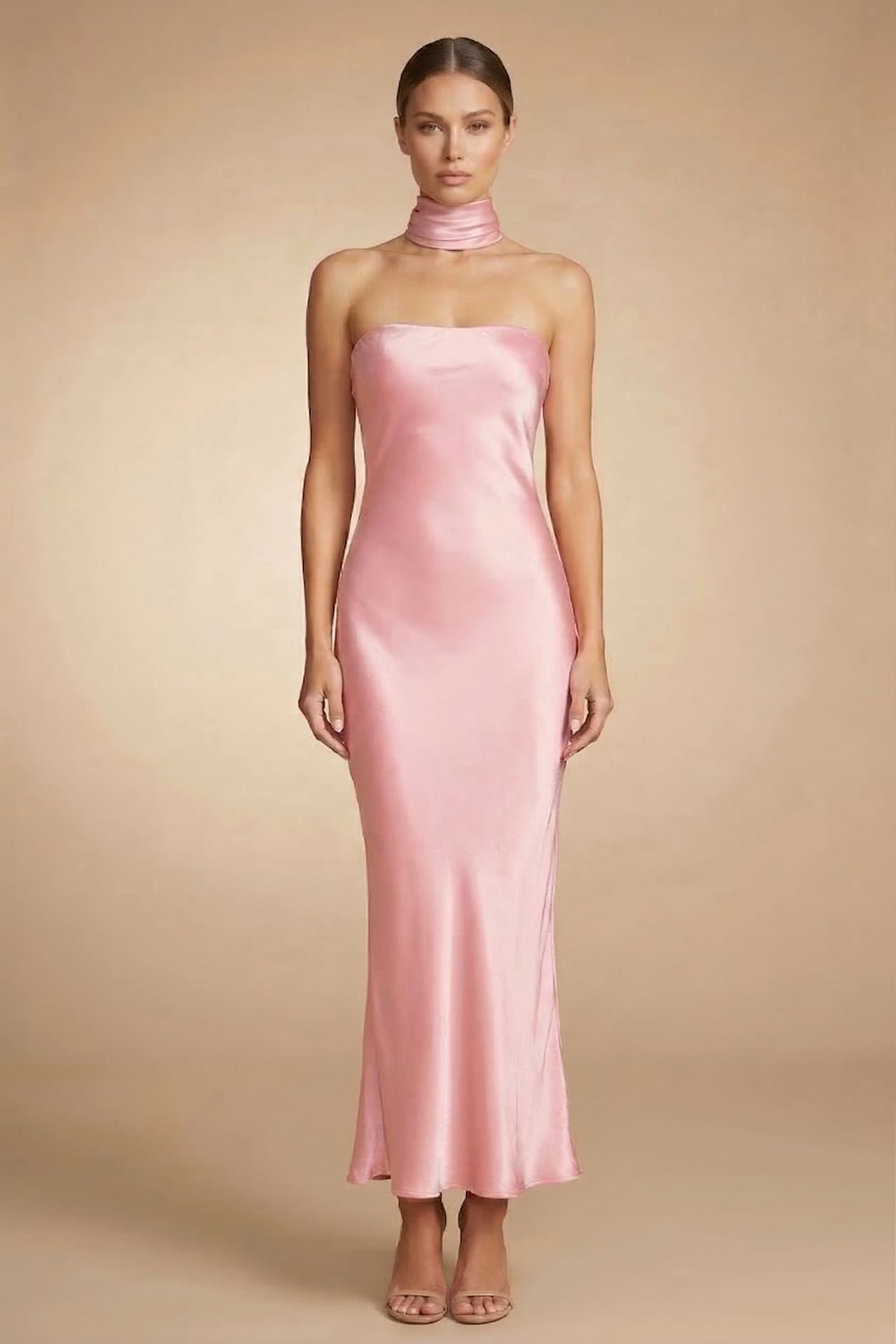 Blush Pink Satin Strapless Dress for Wedding Guest