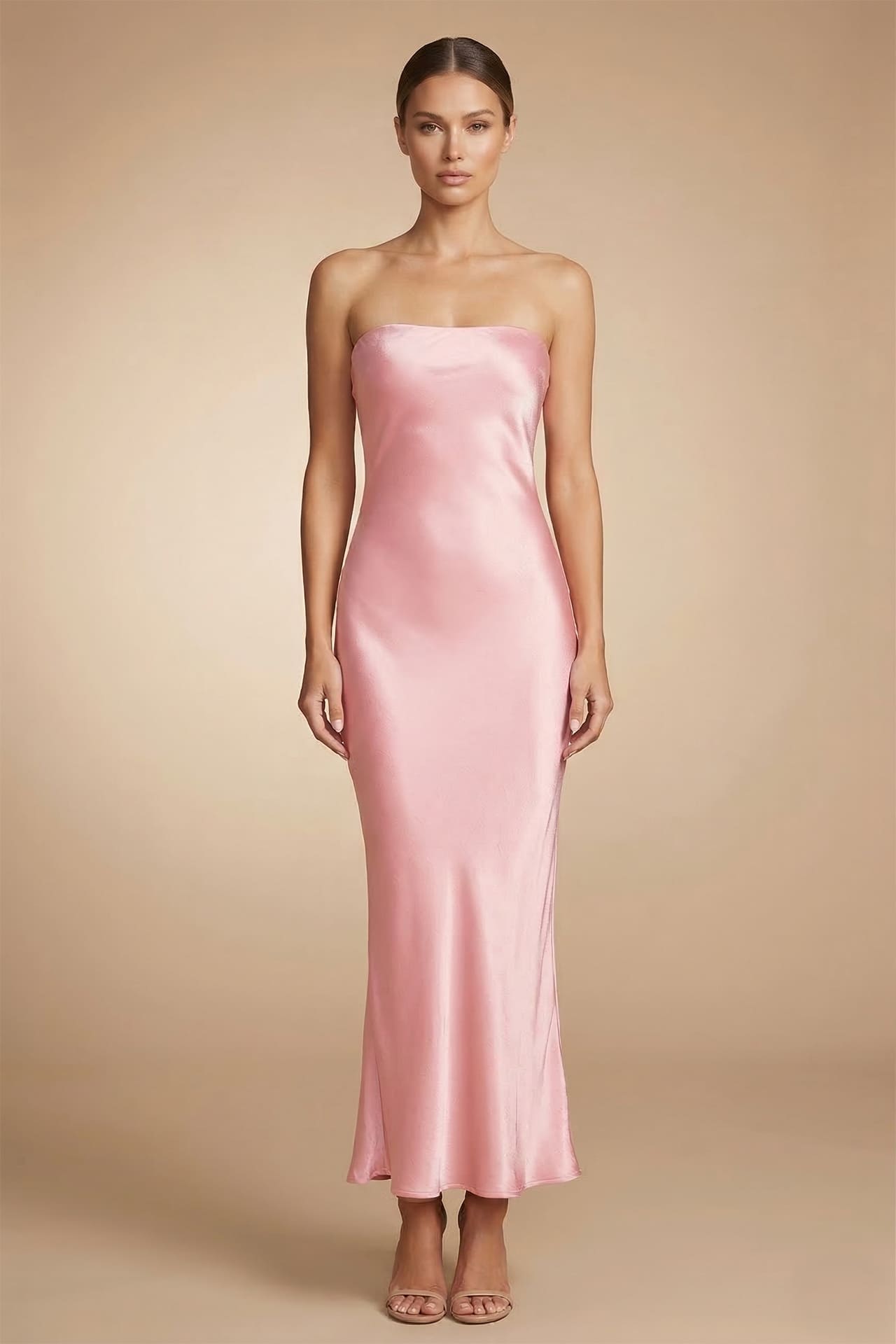 Blush Pink Satin Strapless Dress for Wedding Guest