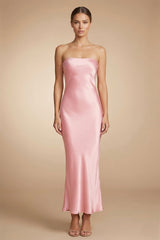 Blush Pink Satin Strapless Dress for Wedding Guest