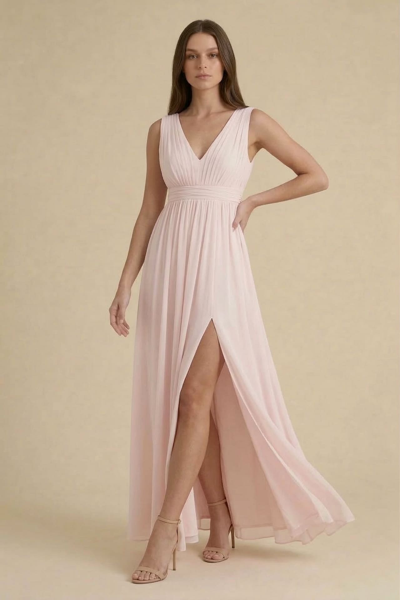 Blushing Pink V-Neck Bridesmaid Dress – Elegant Wedding Maxi Gown