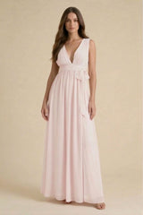 Blushing Pink V-Neck Bridesmaid Dress – Elegant Wedding Maxi Gown