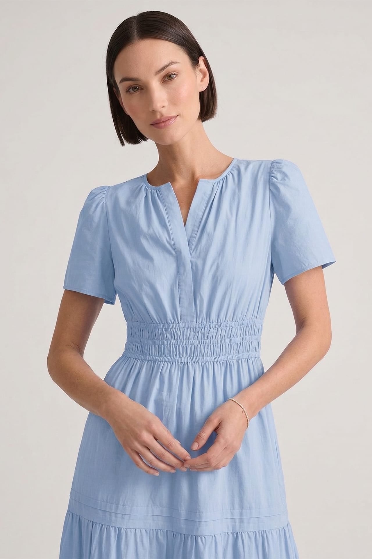 Tiered Breathable Cotton Maxi Dress With Smocked Waist – Powder Blue Relaxed Fit Cotton Dress