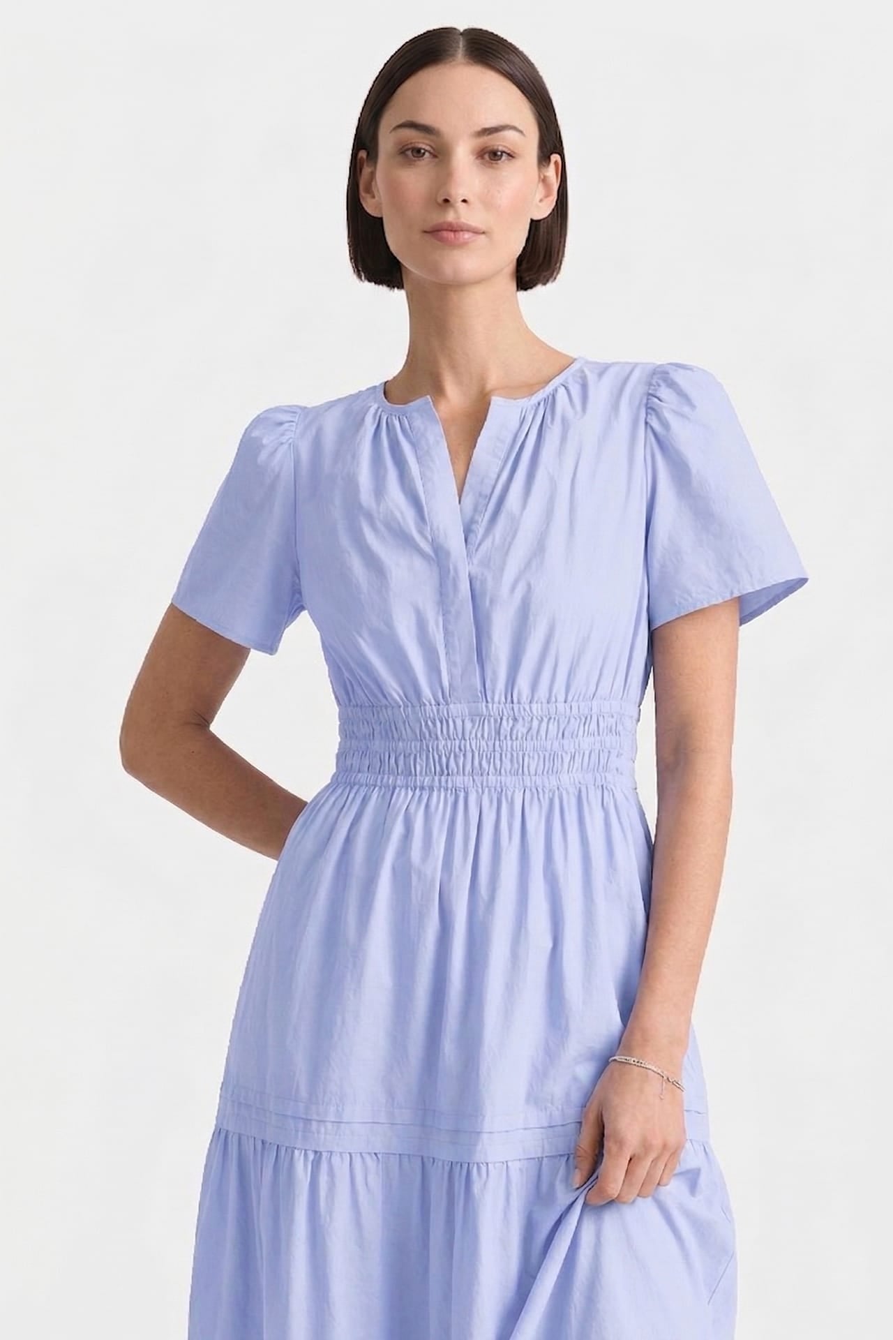 Premium Cotton Maxi Tiered Dress With Smocked Detail In Icy Blue