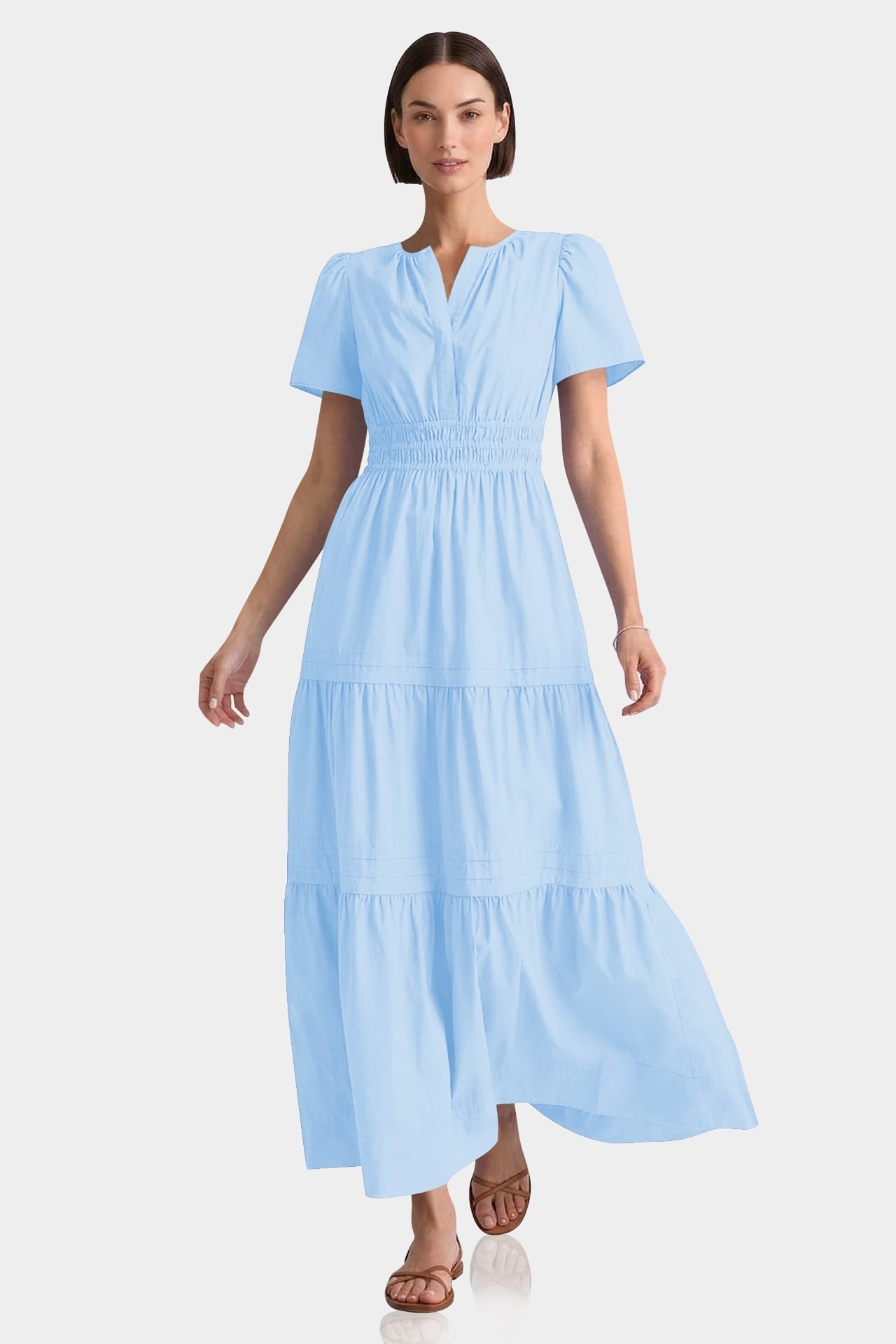 Sky Blue Smocked Waist Cotton Dress – Cotton Resort Wear