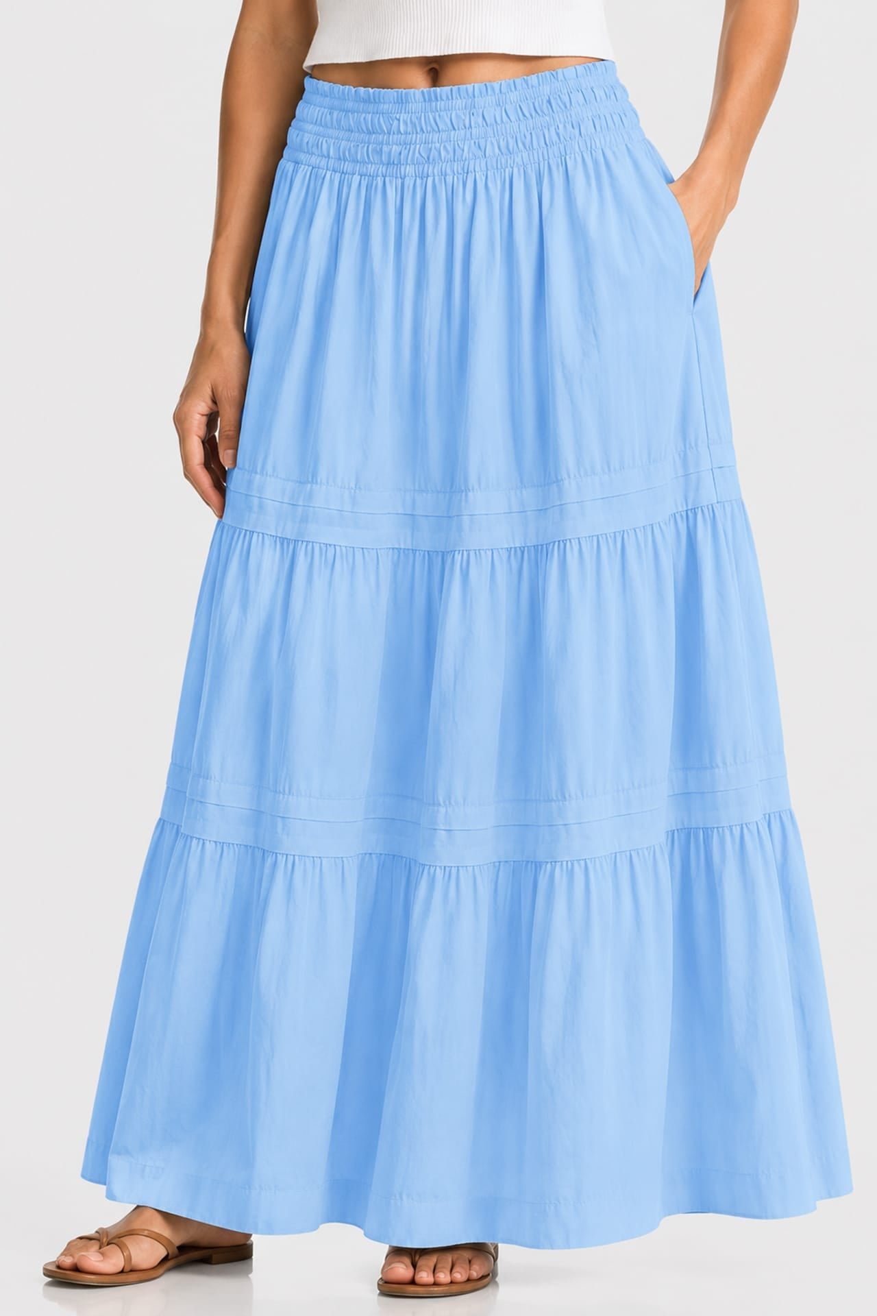 Sky Blue Luxury Cotton Tiered Maxi Skirt