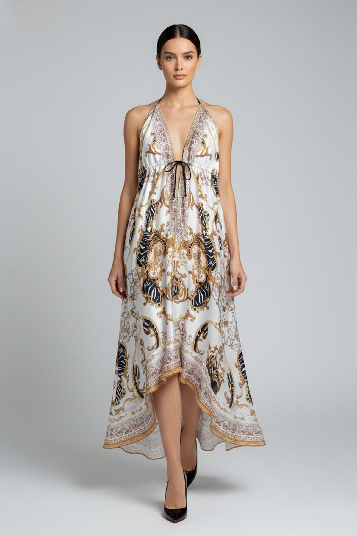 Bright White Baroque Chain Print Silk Scarf Maxi Dress