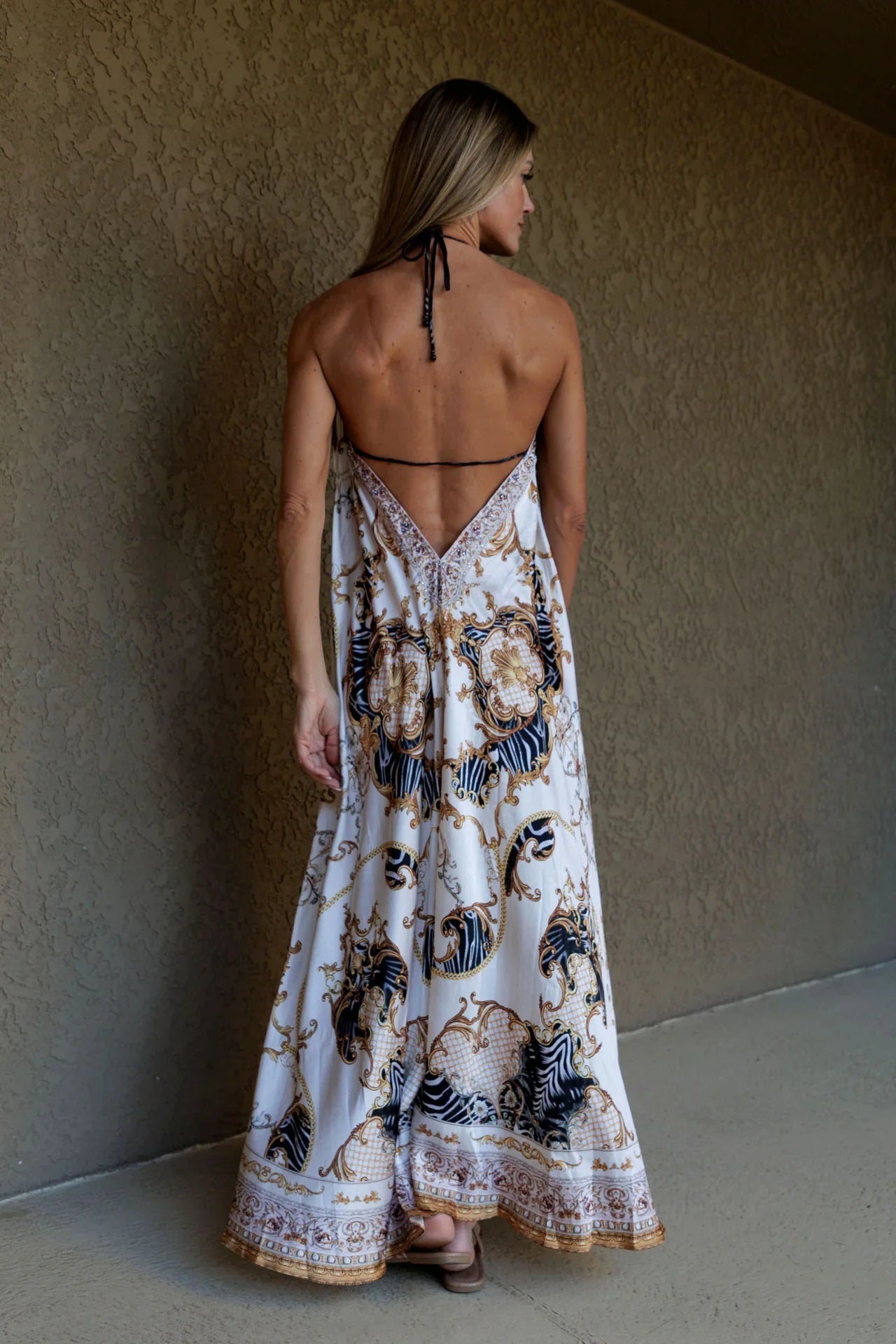 Bright White Baroque Chain Print Silk Scarf Maxi Dress