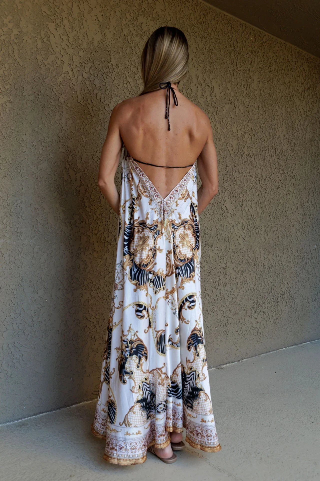 Bright White Baroque Chain Print Silk Scarf Maxi Dress