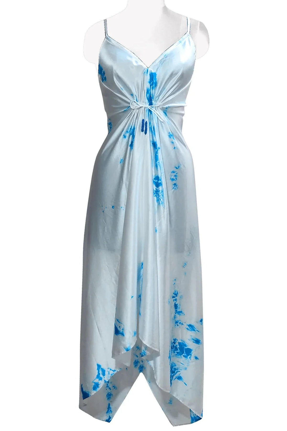 Bright White Blue Tie Dye Maxi Handkerchief Dress