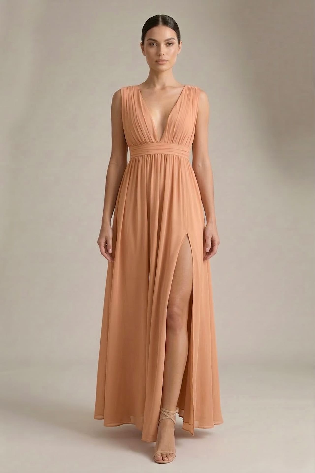 Bronzer Heaven V-Neck Bridesmaid Dress – Elegant Warm Metallic Maxi Gown