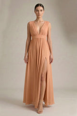 Bronzer Heaven V-Neck Bridesmaid Dress – Elegant Warm Metallic Maxi Gown