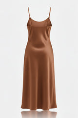 Chocolate Brown Satin Slip Dress – Luxury Brown Satin Midi Dress