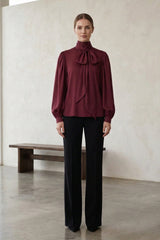 Burgundy Silk Satin-Twill Tie-Neck Blouse
