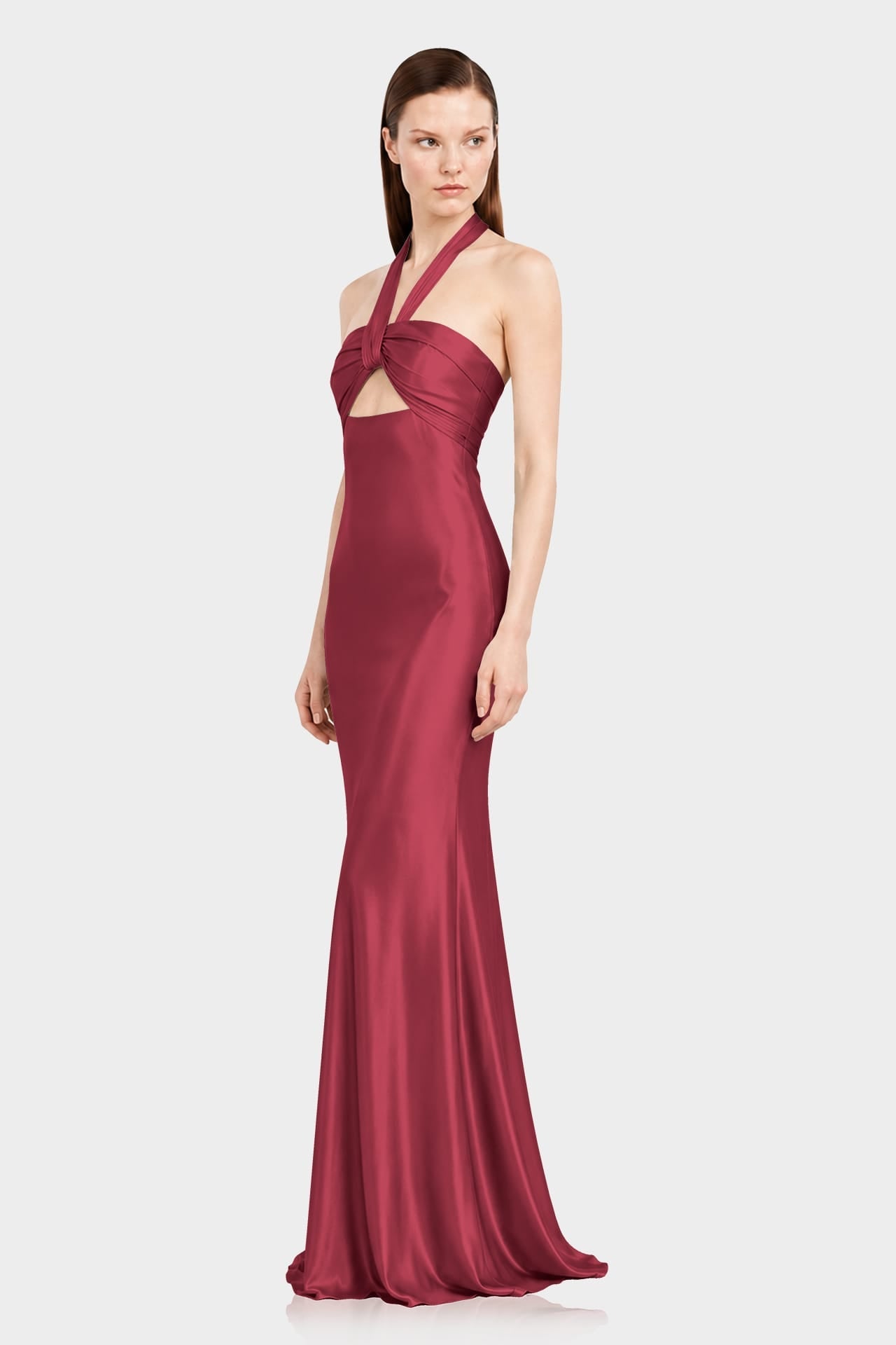 Designer Burgundy Matte Satin Maxi Dress with Halter Neck & Front Cut Out - Bridesmaid Dress