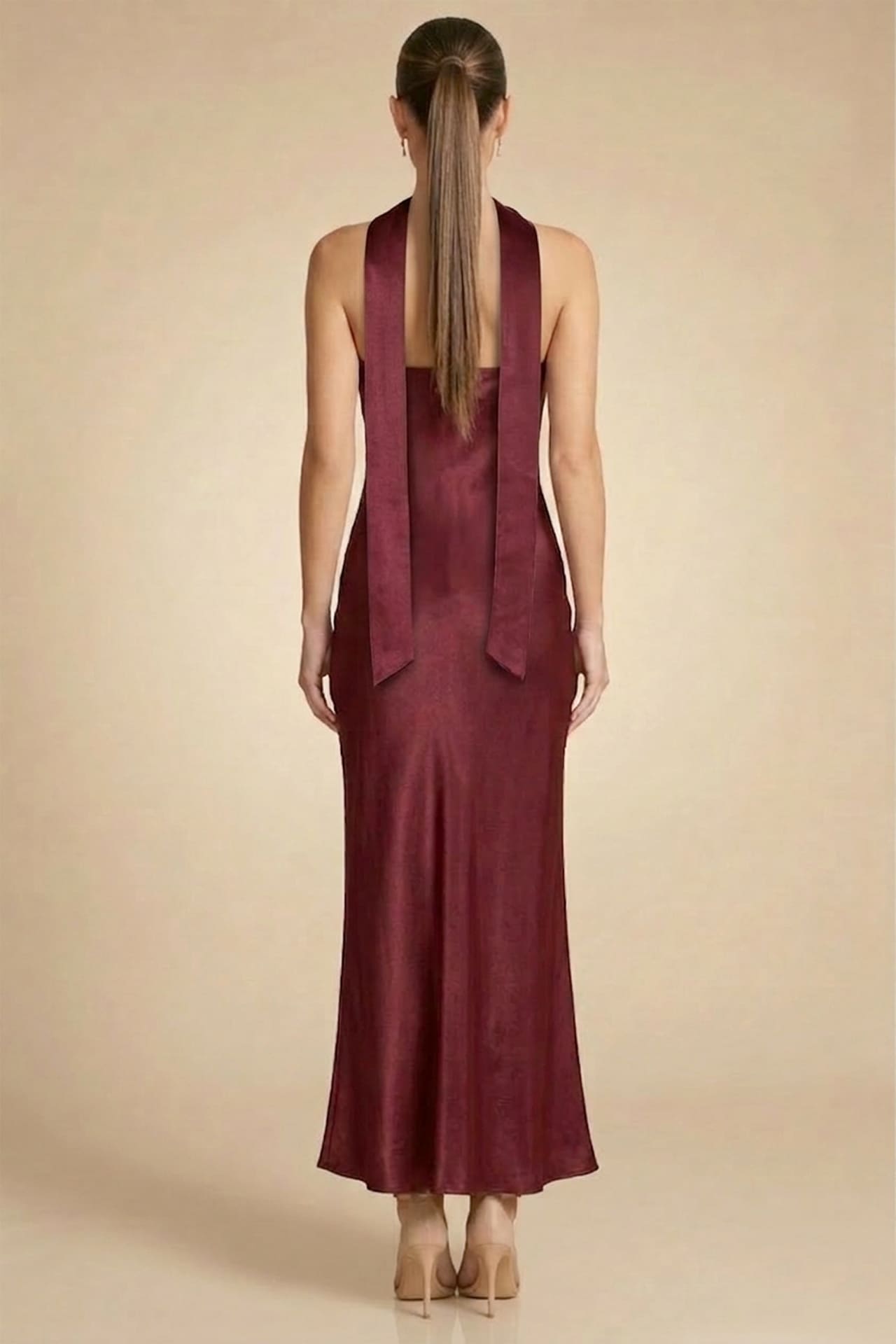 Burgundy Strapless Satin Midi Dress for Formal Events