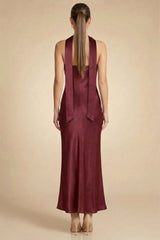 Burgundy Strapless Satin Midi Dress for Formal Events