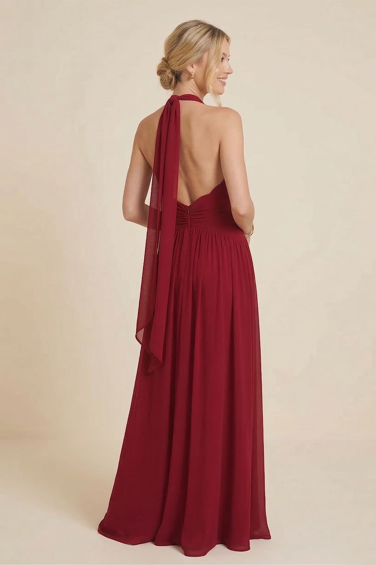 Burgundy Halter V-Neck Chiffon Bridesmaid Maxi Dress