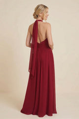 Burgundy Halter V-Neck Chiffon Bridesmaid Maxi Dress