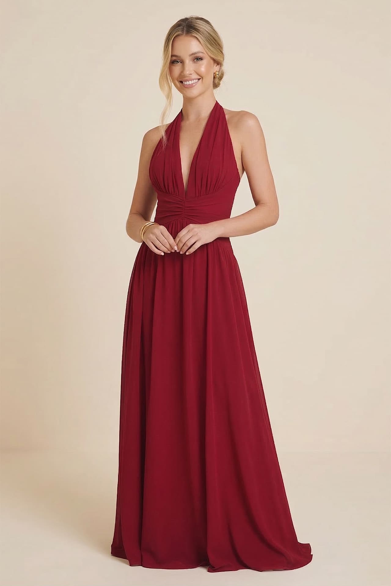 Burgundy Halter V-Neck Chiffon Bridesmaid Maxi Dress