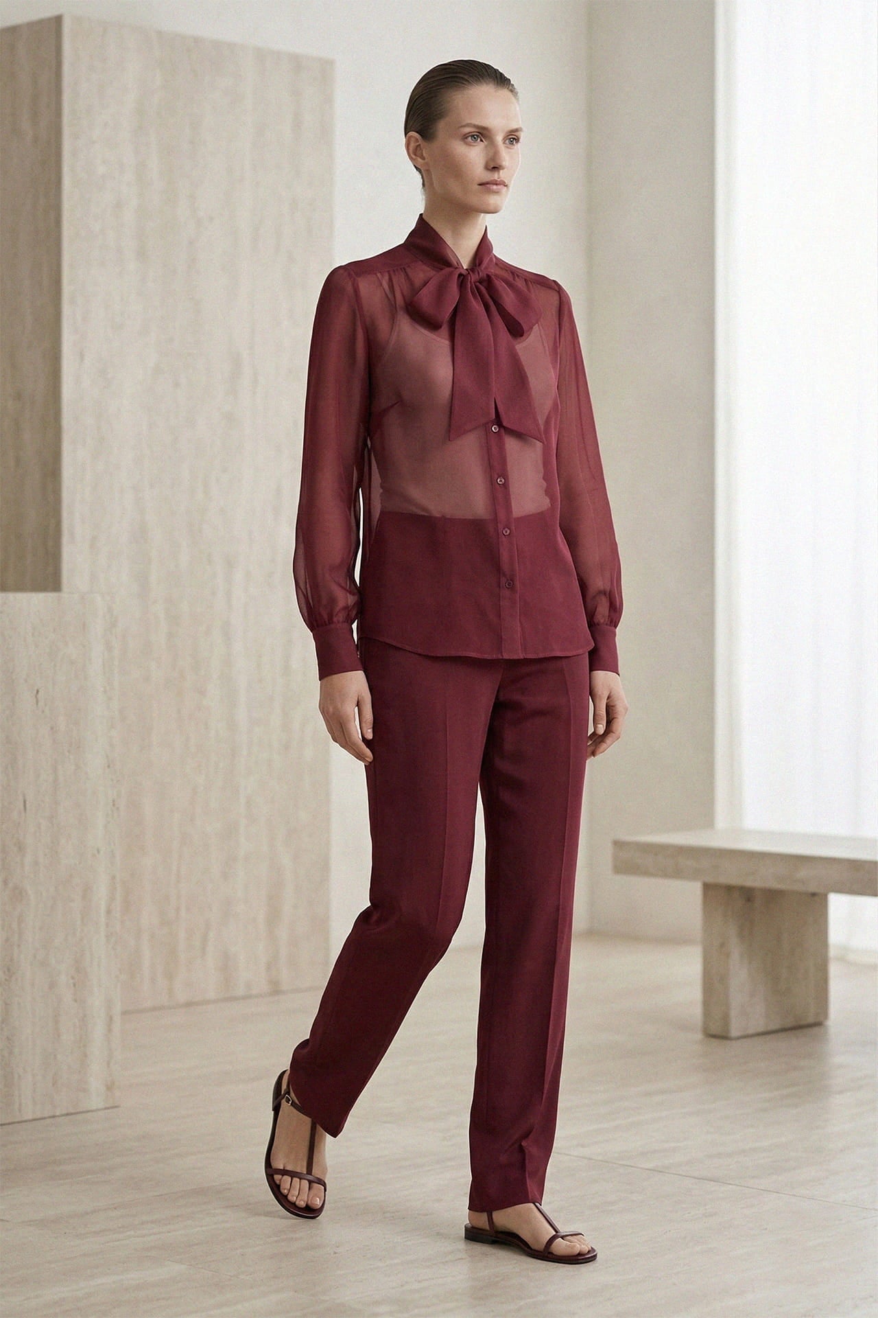 Burgundy Sheer Organza Tie-Neck Shirt