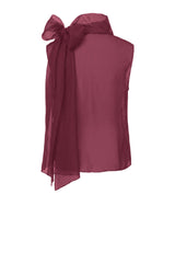 Burgundy Sheer Organza Tie Neck Blouse
