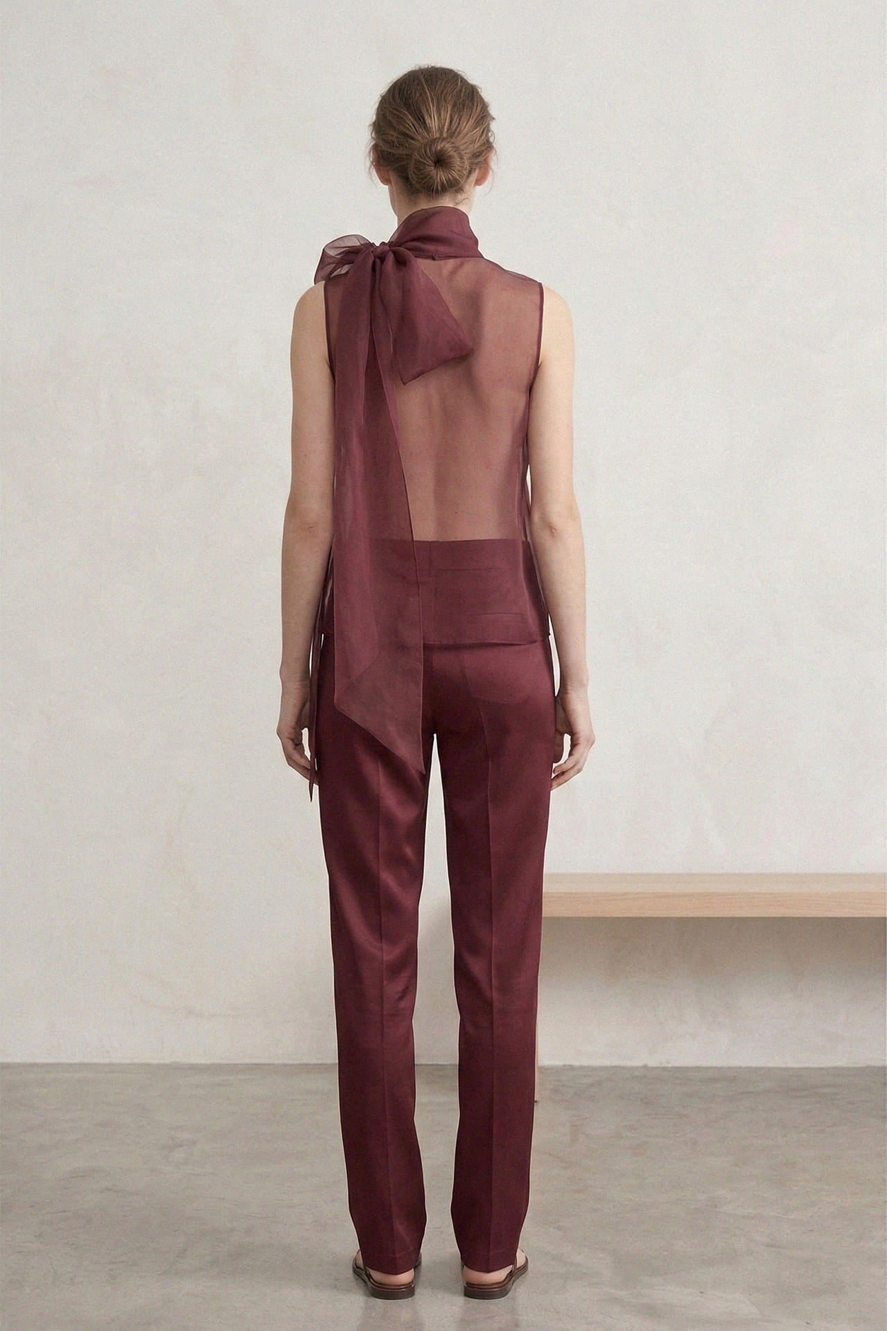 Burgundy Sheer Organza Tie Neck Blouse