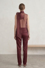 Burgundy Sheer Organza Tie Neck Blouse