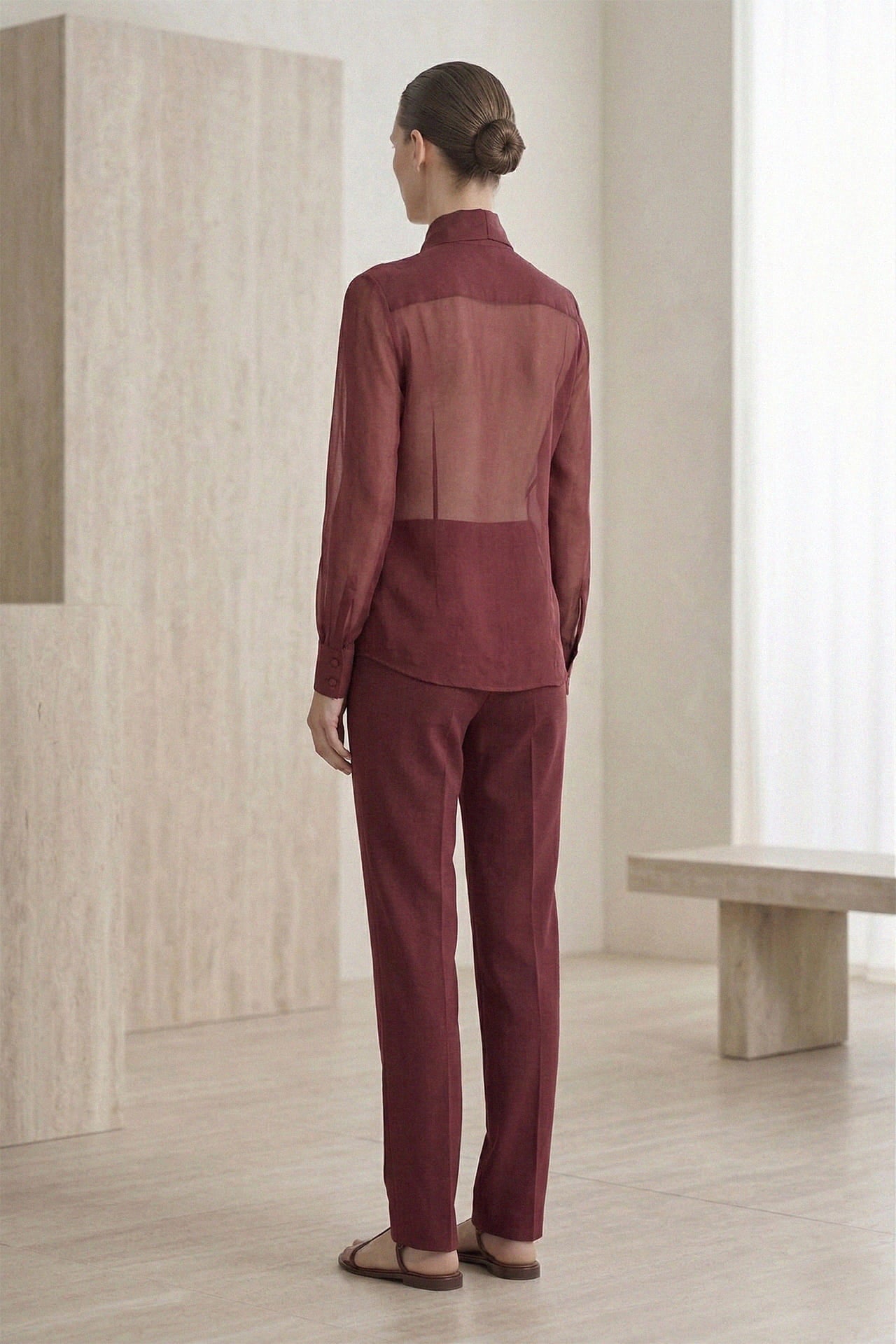 Burgundy Sheer Organza Tie-Neck Shirt