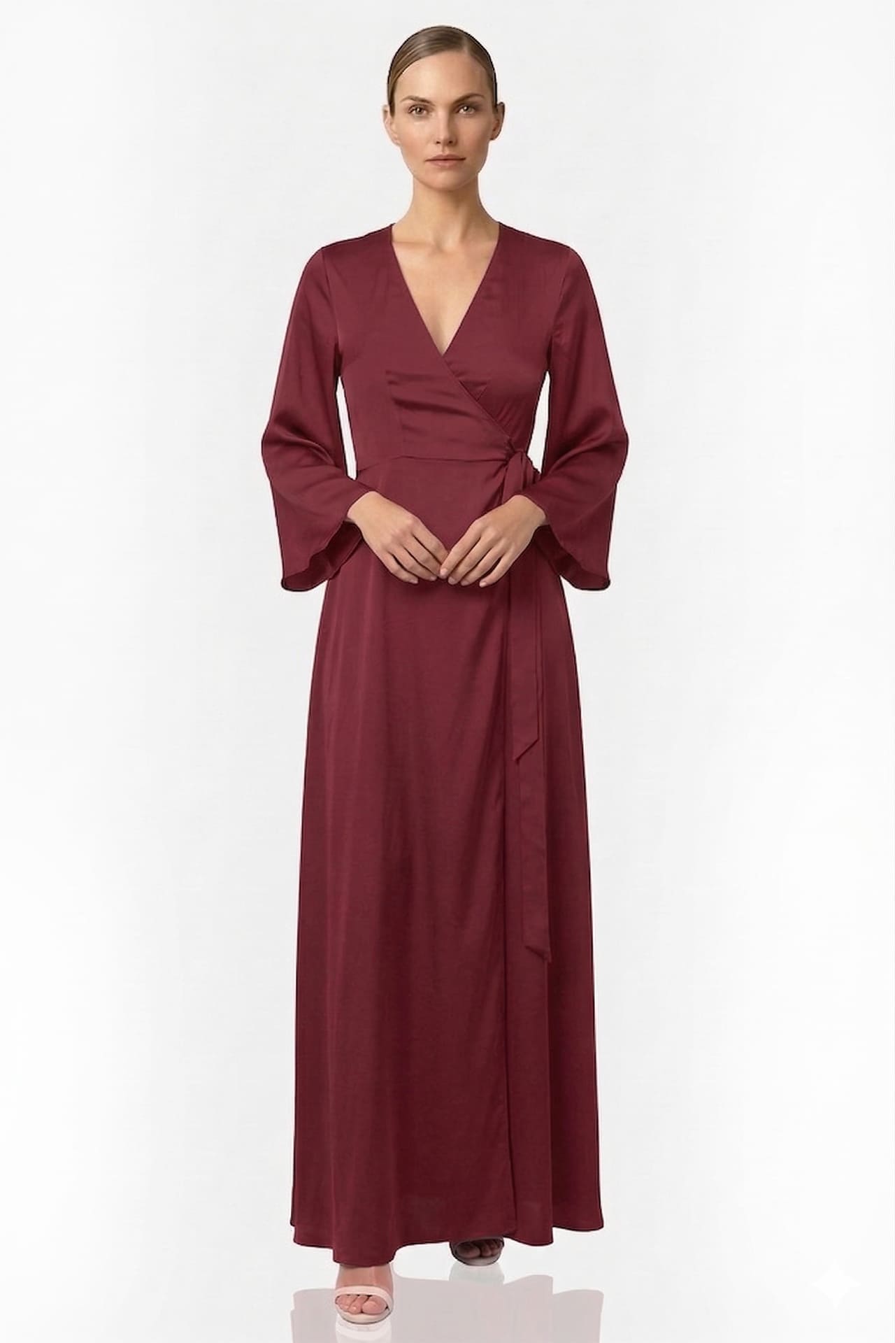 Burgundy Satin Wrap Maxi Bridesmaid Dress – Elegant Wine Red Formal Evening Gown