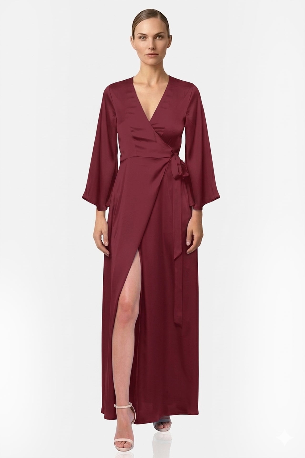 Burgundy Satin Wrap Maxi Bridesmaid Dress – Elegant Wine Red Formal Evening Gown