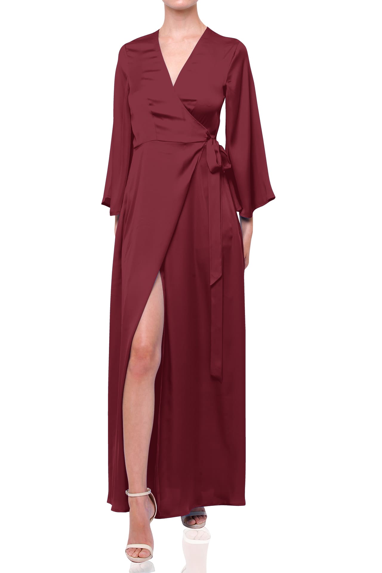 Burgundy Satin Wrap Maxi Bridesmaid Dress – Elegant Wine Red Formal Evening Gown
