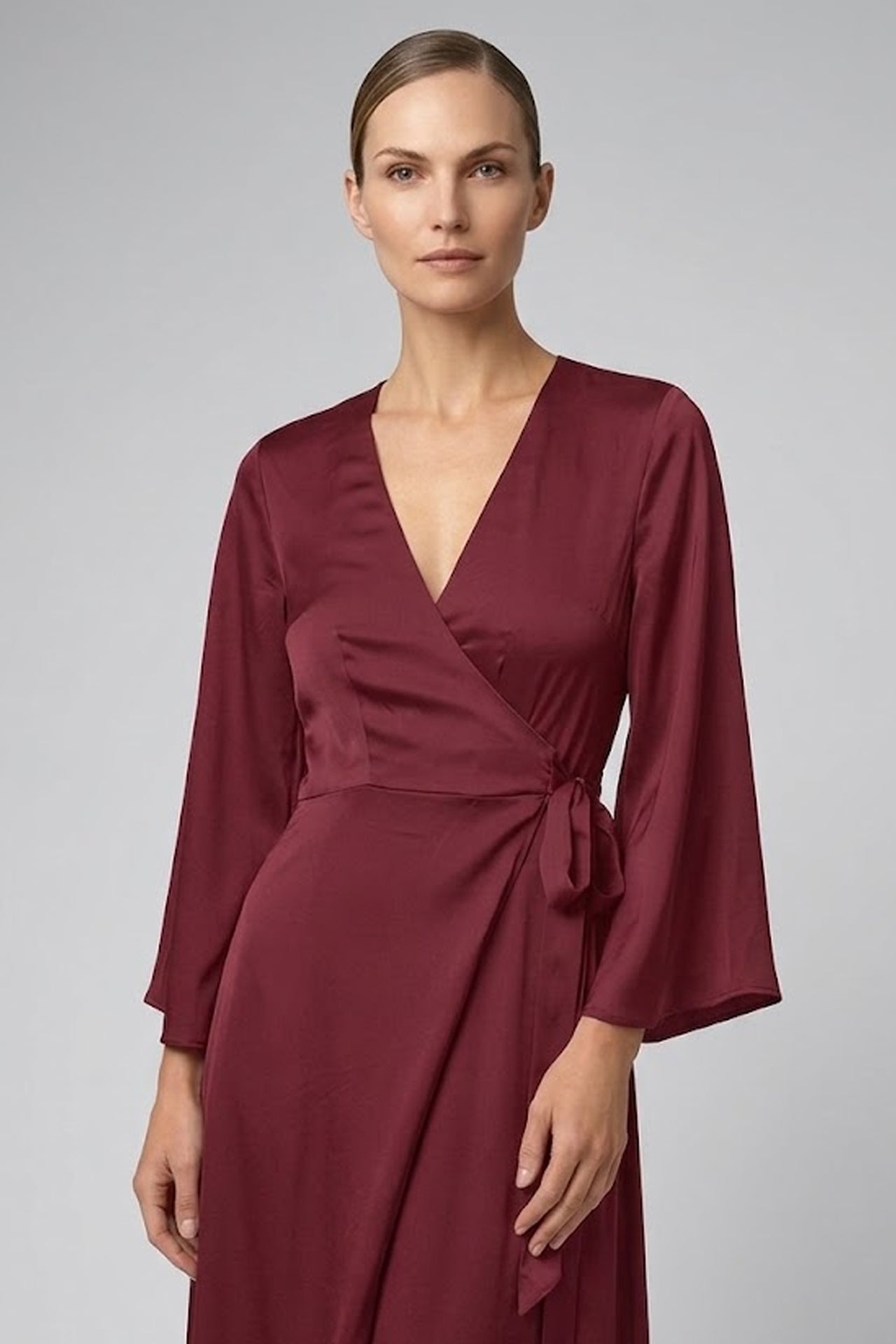 Burgundy Satin Wrap Maxi Bridesmaid Dress – Elegant Wine Red Formal Evening Gown